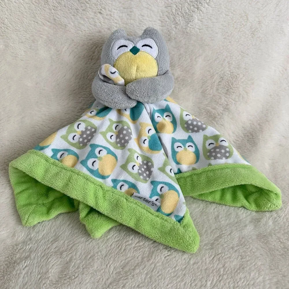 Carters Owl Lovey Grey Blue Green 13” Baby Infant Security Blanket Crib Toy